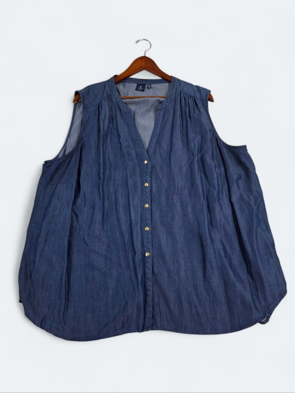 Kaari Blue Curvy Sleeveless Chambray Top Blue Size 3X Plus Button Front